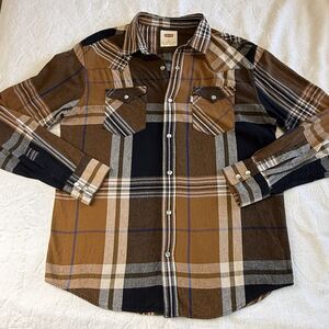 Levi's Pearl Snap Button Down Shirt Mens Medium Brown Plaid Long Sleeve Flannel